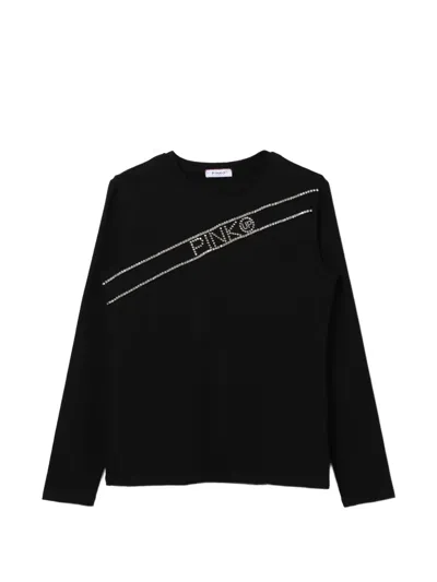 Pinko Kids' Rhinestone-logo Long-sleeve T-shirt In Black