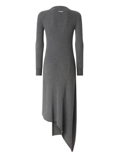 Pinko Ribbed Asymmetric Mock-neck Dress In Gray