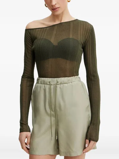 Pinko Ribbed Asymmetric-neck Top In Green