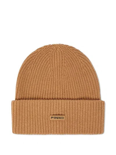 Pinko Ribbed Beanie In Brown