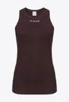 Pinko Denim Ribbed Tank Top With Golden Logo In Black