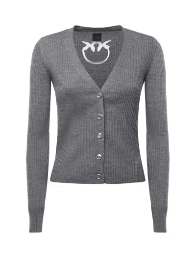 Pinko Ribbed Cardigan With Logo In Gray