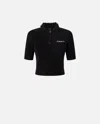 Pinko Short Knit Polo With Beaded Crocheted Collar In Limo Black