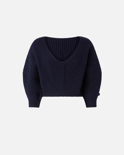 Pinko Ribbed Crop Sweater With V-neck In Dark Navy Blue