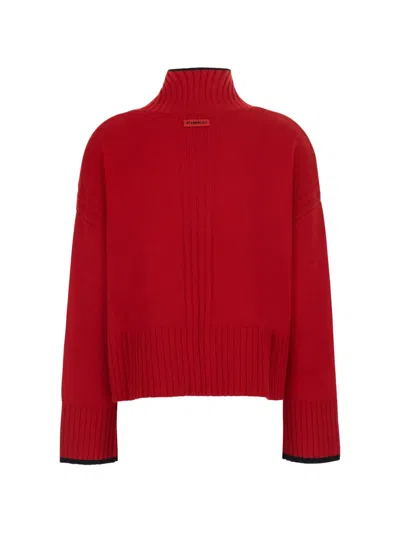 Pinko Wool And Cashmere Turtleneck Jumper With Dropped Shoulders And Contrast Trim In Red