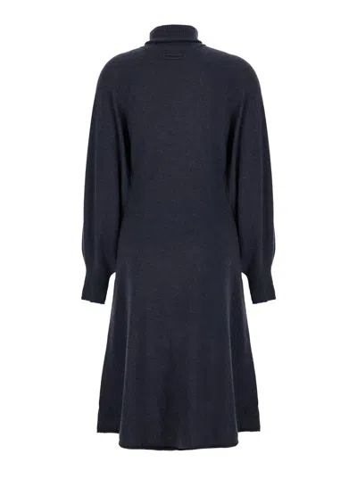 Pinko Ribbed High-neck Wool-blend Dress With Elasticated Cuffs In Blue