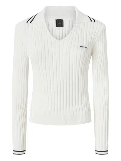 Pinko Ribbed Knit Polo-style Sweater With Black Stripe Accents In White