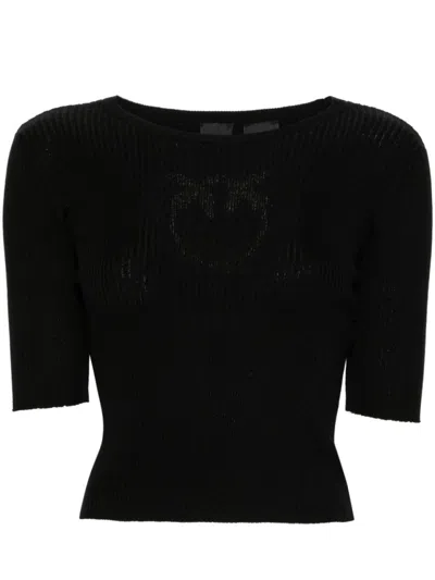 Pinko Ribbed Knit Short Sleeve Sweater In Black