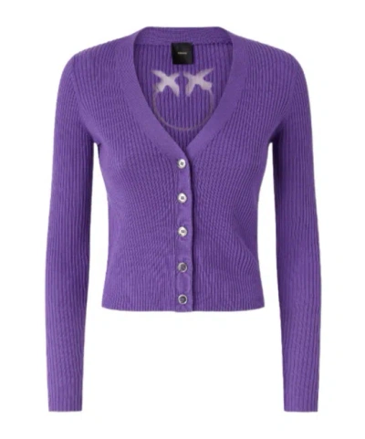 Pinko Ribbed Logo-detailed Cardigan In Purple
