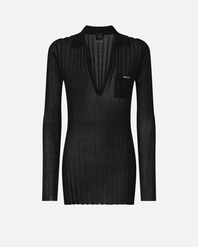 Pinko Ribbed Long-sleeved Polo Shirt In Noir Limousine