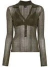 Pinko Ribbed Long-sleeved Top With Deep V-neckline In Green