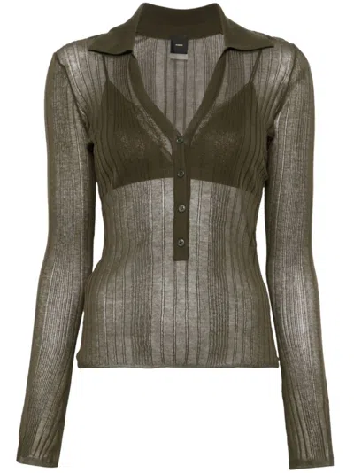 Pinko Ribbed Long-sleeved Top With Deep V-neckline In Green