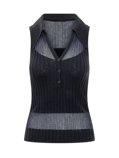 Pinko Ribbed Mini Tank Top With Wavy Hem In Blu Iride