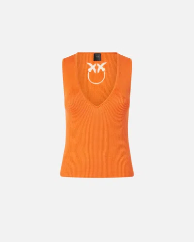 Pinko Ribbed Silk Blend Sleeveless Top In Arancione