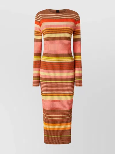 PINKO RIBBED STRIPED CREW NECK LONG SLEEVE DRESS