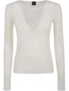 Pinko Long-sleeved Top With Deep V-neckline And Ribbed Texture In White