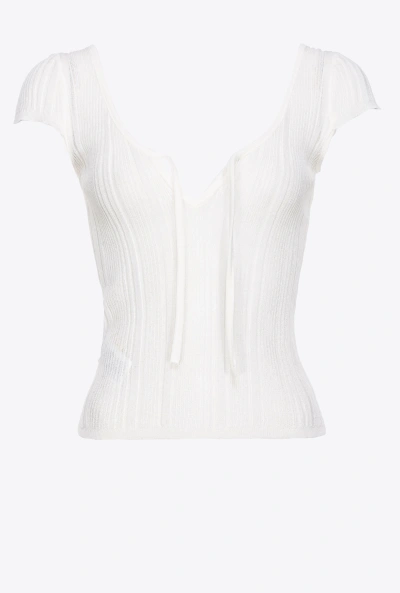 Pinko Ribbed Top With Fine Fringing In Blanc-blanche-neige