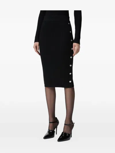Pinko Ribbed-knit Button-detail Midi Skirt In Black
