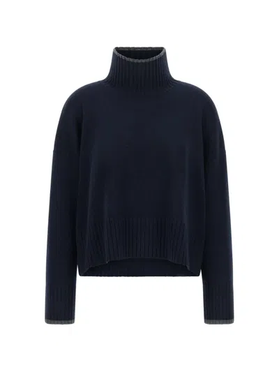 Pinko High Neck Cropped Sweater Long Sleeves Ribbed In Blue