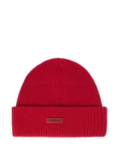 Pinko Ribbed-knit Logo-patch Beanie Hat In Red