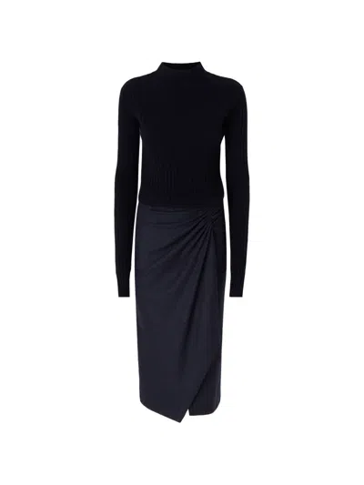 Pinko Knitted Midi Skirt With Pinstriped Skirt In Blue