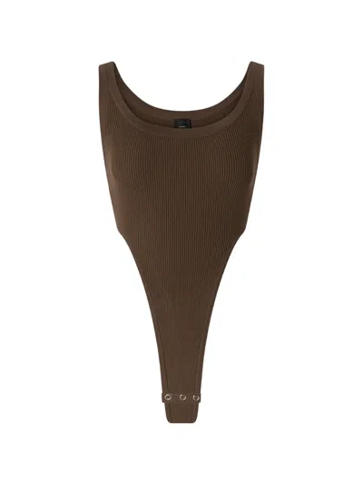 Pinko Ribbed-knit Sleeveless Bodysuit In Brown