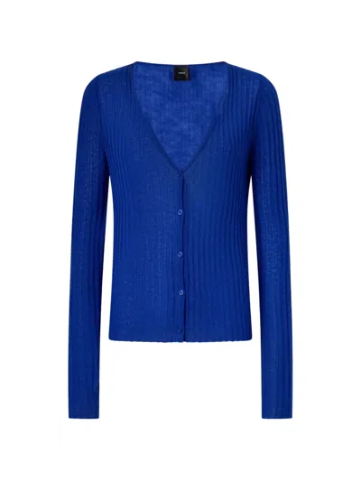 Pinko Ribbed-knit V-neck Cardigan In Blue