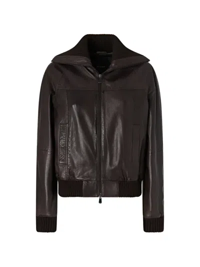 Pinko Ribbed-trim Leather Jacket In Black