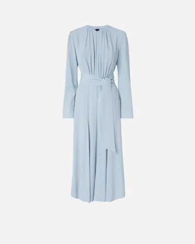 Pinko Long Silk-blend Dress With Belt And Long Sleeves In Dusty Blue