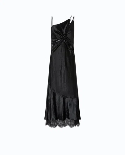 Pinko Long Satin Dress With Draping And Lace In Black