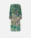 Pinko Wide Midi Dress With Tropical-leaf Motif In Multi. Yellow/pink