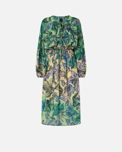 Pinko Wide Midi Dress With Tropical-leaf Motif In Multi. Yellow/pink