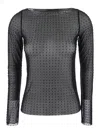 PINKO ROUEN BLACK T-SHIRT WITH ALL-OVER CRYSYAL EMBELLISHMENTS AND MESH DESIGN IN TECH FABRIC STRETCH WOMA