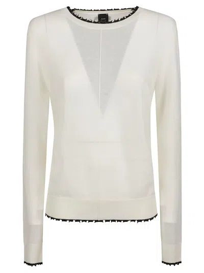 Pinko Round Neck Sweater With Sheer Panels And Black Trim In White