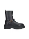Pinko Rounded Toe Black Leather Ankle Boots With Front Strap In Black