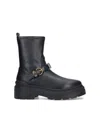Pinko Rounded Toe Black Leather Ankle Boots With Front Strap In Black