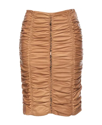 Pinko Ruched Leather Midi Skirt In Brown