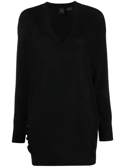 Pinko Ruffle-detail V-neck Wool Jumper In Black