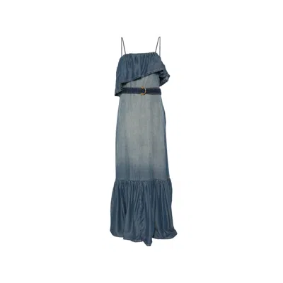 Pinko Ruffled Belted Denim Maxi Dress In Blue