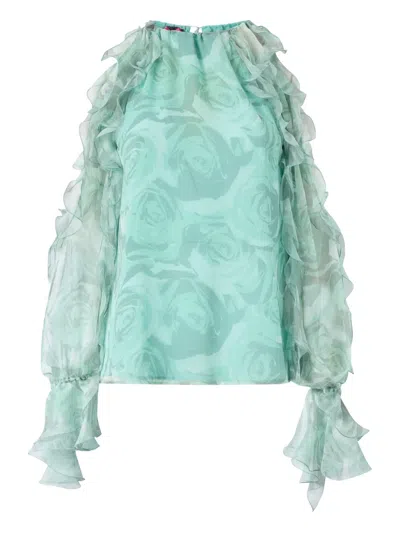Pinko Ruffled Floral-print Blouse In Green