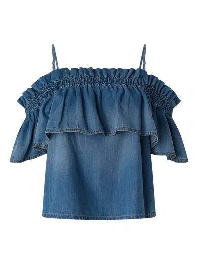 Pinko Ruffled Off-shoulder Top In Blue