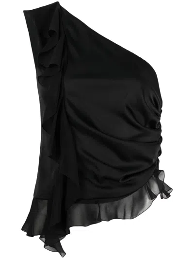 Pinko Fotoione Satin Ruffled One Shoulder Top In Black
