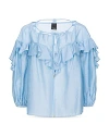 Pinko Solid Color Cotton And Silk Bones Blouse With Ruffles In Blue