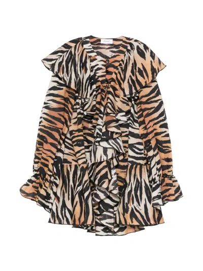 Pinko Kids' Ruffled Tiger-pattern Dress In Brown
