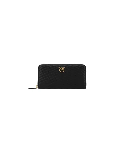 Pinko Ryder Leather Zip Around Wallet In Nero Antique Gold