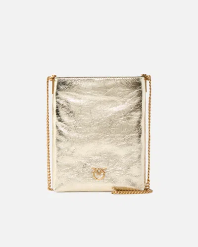 Pinko Flat Laminated Leather Bucket Bag With Shoulder Strap In Gold