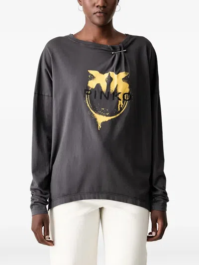Pinko Safety-pin Logo-print Cotton T-shirt In Gray