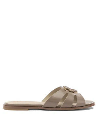 Pinko Beige Leather Sandals In Brown