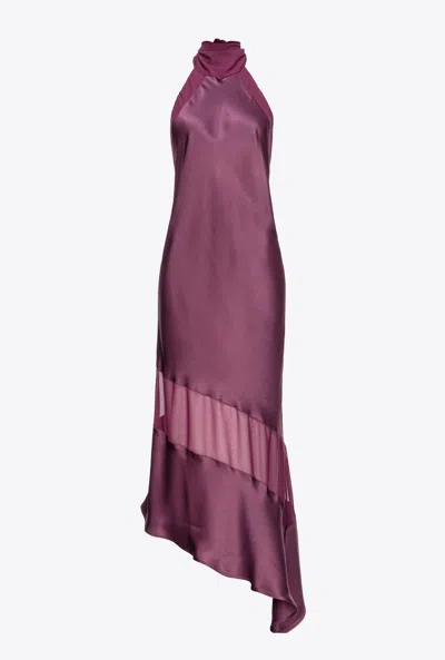Pinko Satin And Georgette Open-back Dress In Grape Wine