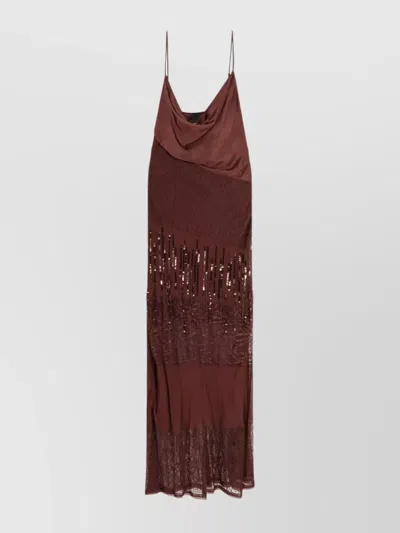 Pinko Satin And Lace Long Dress With Sequin Embellishments In Brown